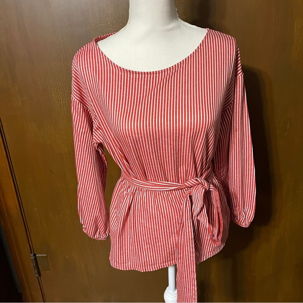 Ann Taylor Red Striped Blouse with Tie